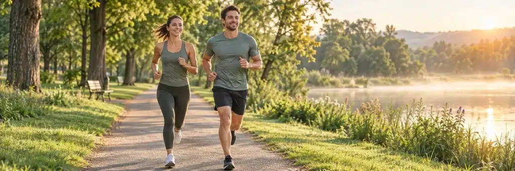 Runners in a green park representing health and nutrition